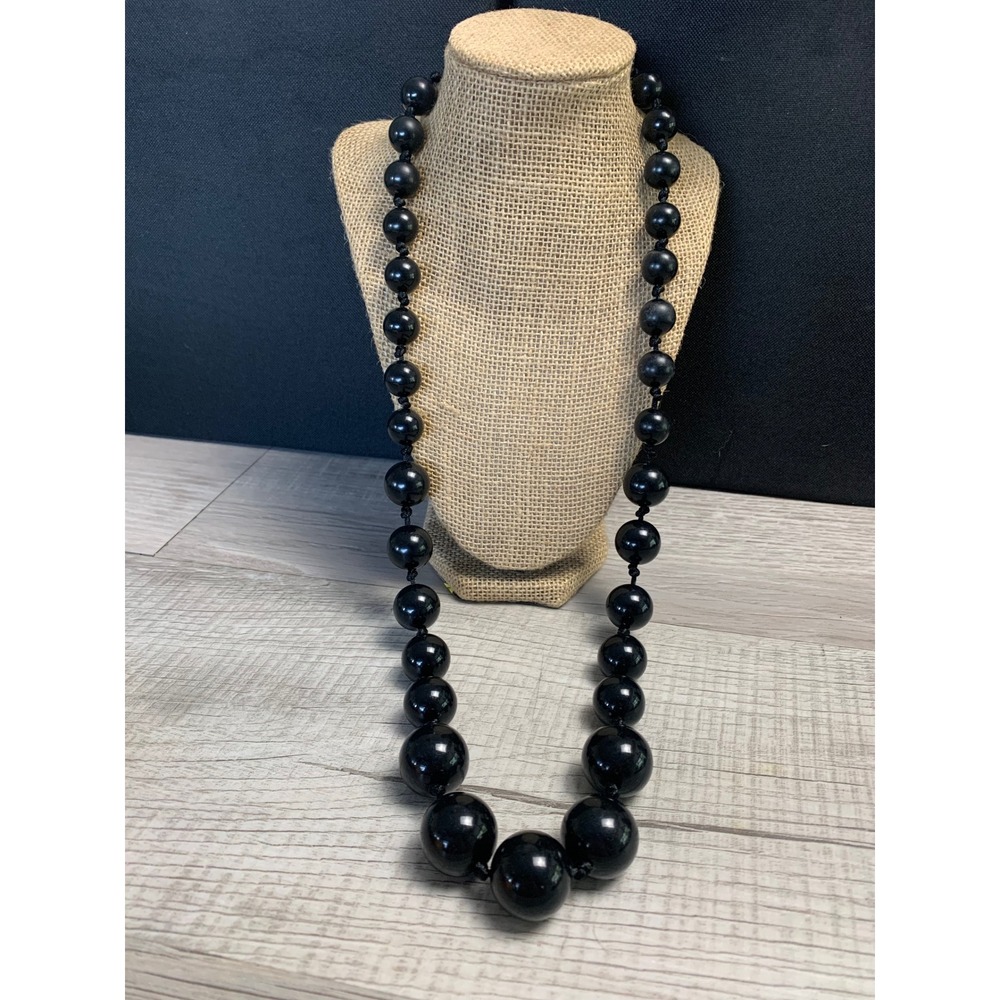 Vintage Black Graduated Chunky Bead Knotted Statement Necklace 32 Inch Long